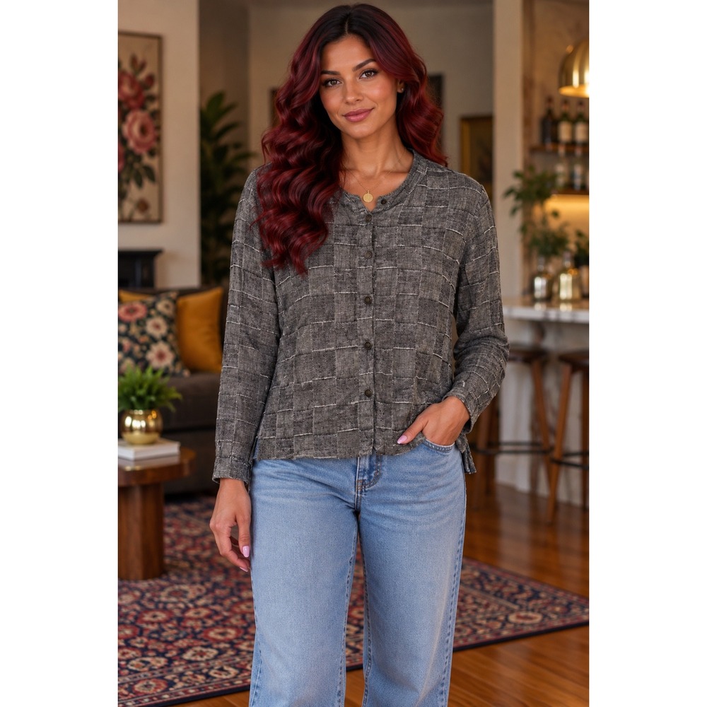 Coldwater Creek Womens PM Grey Grid Linen Blend Button Front Blouse Top Boho